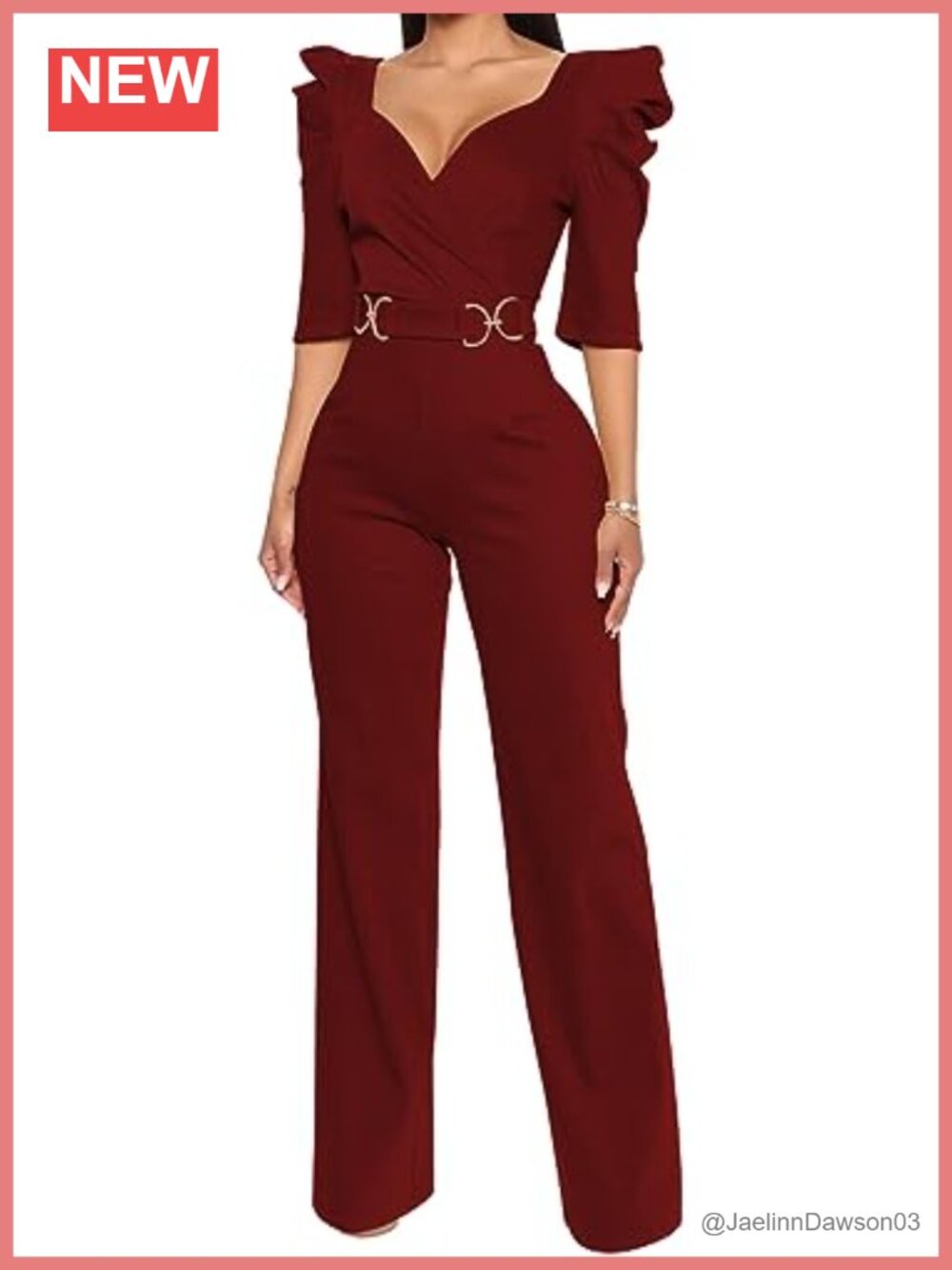 Women's Deep V Neck Wide Leg Jumpsuit with Belt Sexy Puff Sleeve